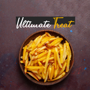 A top-down view of a wooden bowl filled with golden, crispy french fries against a dark brown background.