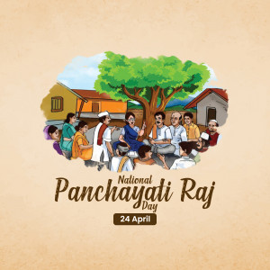 Illustration depicting a community gathering under a tree with the text 'National Panchayati Raj Day'