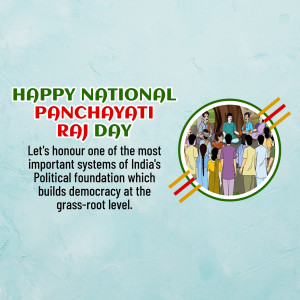 Image commemorating National Panchayati Raj Day with a depiction of a village meeting.