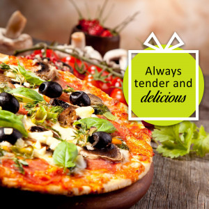 Close-up of a gourmet pizza with mushrooms, olives, and fresh herbs