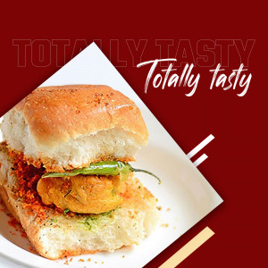 Close-up of a Vada Pav, a popular Indian street food