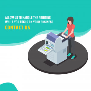 Woman operating a printing machine with text promoting printing services