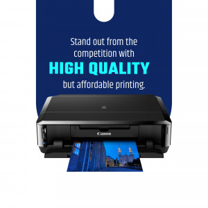 Canon printer displaying a high-quality printed photo, promoting affordable printing solutions.