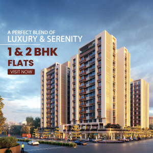 Modern apartment building with text advertising 1 & 2 BHK flats for sale.