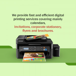 Epson printer showcasing printed materials like calendars, invitations, and brochures.