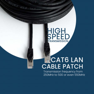 Close-up of a black CAT6 LAN cable patch with RJ45 connectors