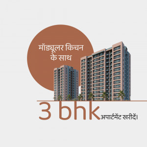Image of a residential building with text promoting 3 BHK apartments with modular kitchens.
