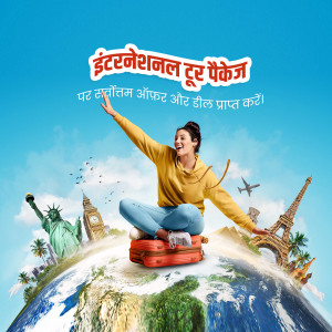 Woman sitting on a suitcase with world landmarks in the background, promoting international tour packages.