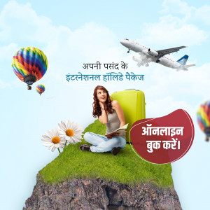 Woman with luggage and travel icons promoting international holiday packages.