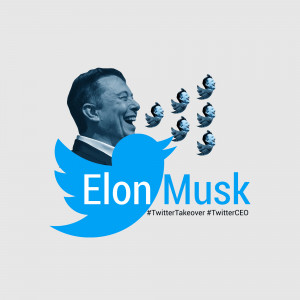 Elon Musk with Twitter birds and the text 'Elon Musk' over a Twitter logo.