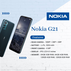 Nokia G21 smartphone with key features listed