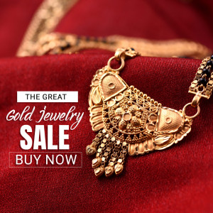 Close-up of intricate gold jewelry with a sale promotion banner