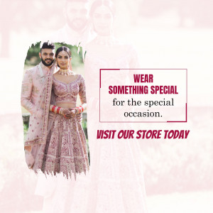 Indian bride and groom in traditional wedding attire with text overlay promoting special occasion wear.