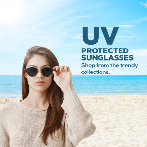 Woman wearing sunglasses on a beach with UV protection text overlay