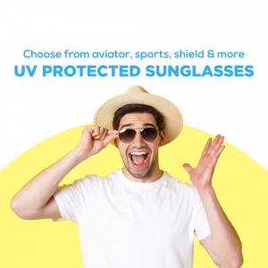 Man wearing sunglasses and a straw hat, promoting UV protection.