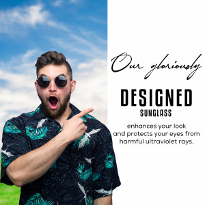 Man wearing sunglasses pointing to the side with text overlay promoting designed sunglasses.