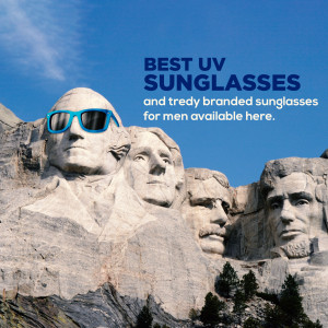 Sunglasses advertisement featuring Mount Rushmore in the background.