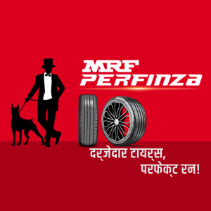 MRF Perfinza tyre advertisement featuring a man walking a dog and a tyre