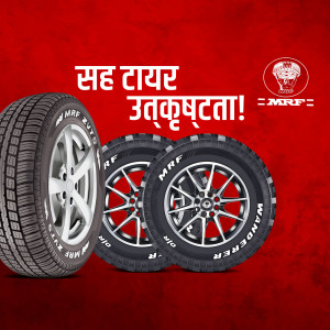 MRF ZVTV tyres advertisement with a red background and tyre details.