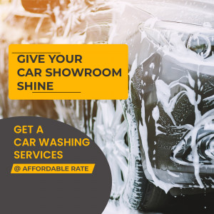 Image of a car covered in foam with promotional text for car washing services.