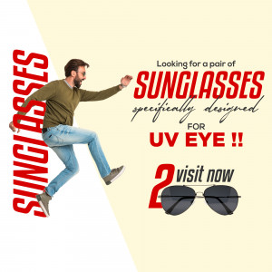 Man jumping with sunglasses advertisement