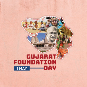 Gujarat Foundation Day celebration poster with images of Gujarat's culture and landmarks.