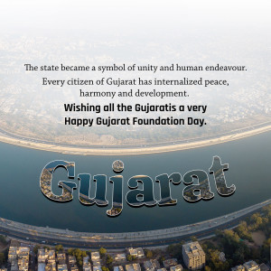 Gujarat Foundation Day celebration with the state name in artistic text over a landscape.