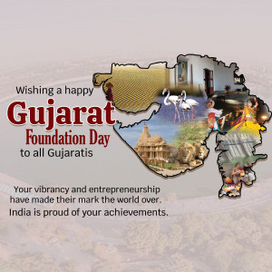 Gujarat Foundation Day image with map and cultural icons