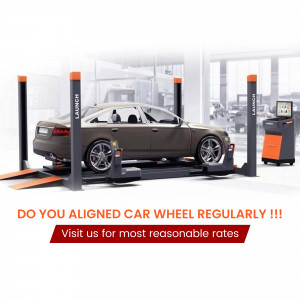 Car on a lift undergoing wheel alignment in an auto repair shop