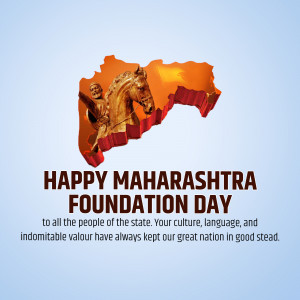 Maharashtra Foundation Day greeting with Chhatrapati Shivaji Maharaj statue and map