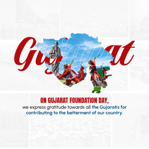 Gujarat Foundation Day poster with map, Gandhi statue, and traditional dancers