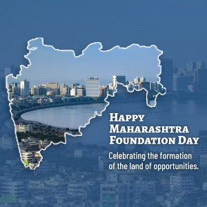 Maharashtra Foundation Day graphic with map and city skyline