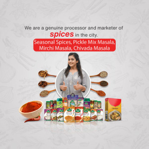 Image of a woman presenting various spice products and packaging.