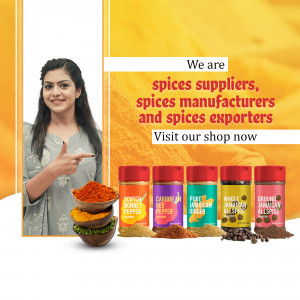 Image of a woman pointing towards spice products, advertising spice supply and manufacturing.