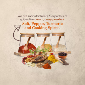 Assortment of spices including cumin, curry powder, salt, pepper, turmeric, and cooking spices in glass jars.