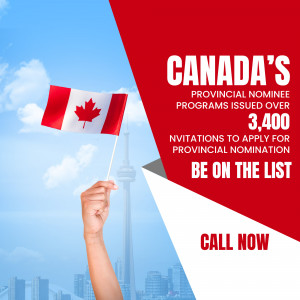 Canadian flag waving with Toronto skyline and PNP information