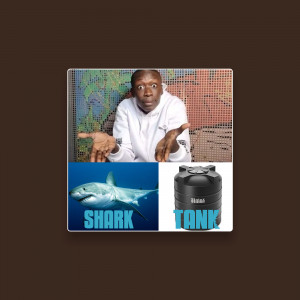 Man looking confused with images of a shark and a water tank