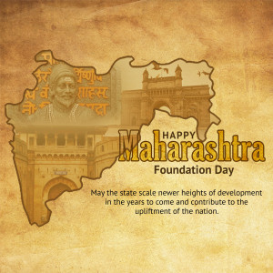 Maharashtra Foundation Day celebration with state map, Chhatrapati Shivaji Maharaj portrait, and Gateway of India.