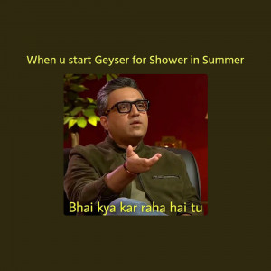 Man looking confused with text about starting a geyser in summer