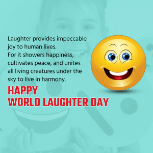 Image celebrating World Laughter Day with a smiling emoji and inspirational quote.