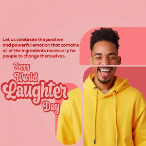 A smiling young man with the text 'Happy World Laughter Day' overlaid on a pink background.