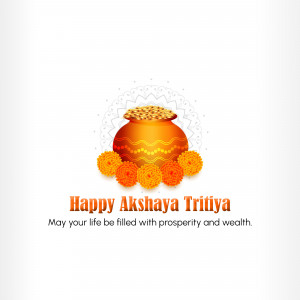 Illustration of a traditional pot with marigolds and text 'Happy Akshaya Tritiya'