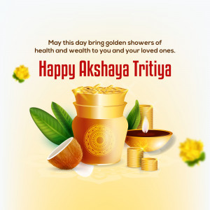 Akshaya Tritiya greeting with golden pot, coins, and flowers