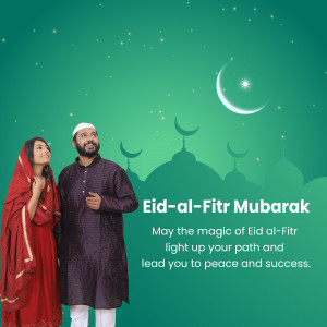 A couple celebrating Eid-al-Fitr with a crescent moon and mosque silhouettes in the background.