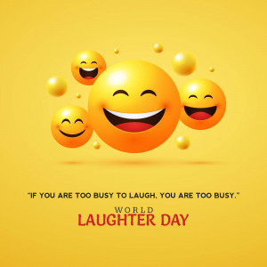 Several yellow smiling emojis floating on a yellow background with text celebrating World Laughter Day.