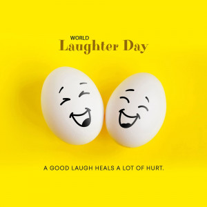 Two white eggs with smiling faces on a bright yellow background, celebrating World Laughter Day.