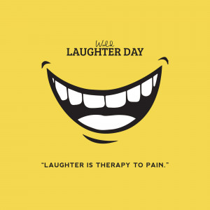 A graphic celebrating World Laughter Day with a large smiling mouth and the text 'Laughter is therapy to pain'.