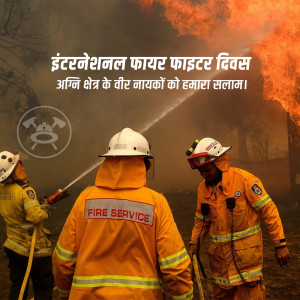 Firefighters battling a blaze with a message in Hindi honoring them.