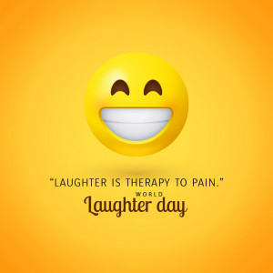 Yellow smiling emoji with the quote 'Laughter is therapy to pain' and 'World Laughter Day' text.