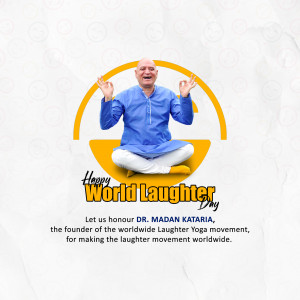 Image of a man in a meditative pose with text 'Happy World Laughter Day'